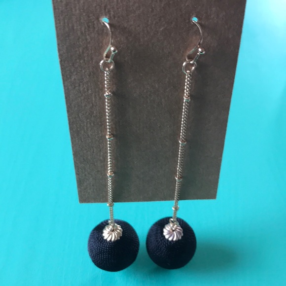 Earrings - gold long drop black balls - Picture 1 of 5